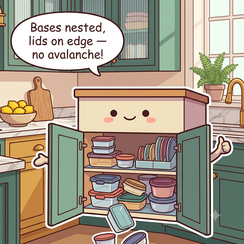 The container cabinet character beaming, bases nested in two neat stacks and lids standing on edge in a divided holder