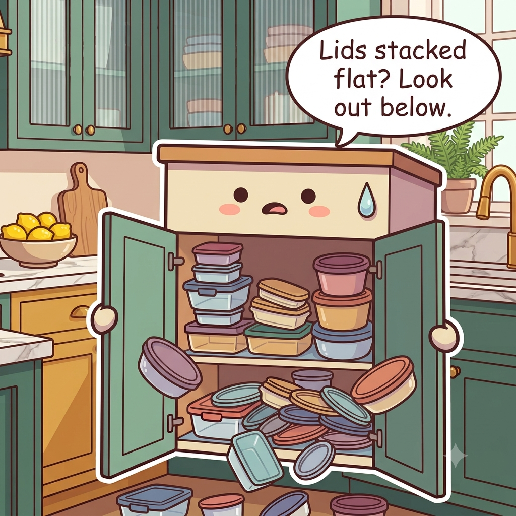 The container cabinet character flustered as lidded containers stacked with lids on tumble out in an avalanche