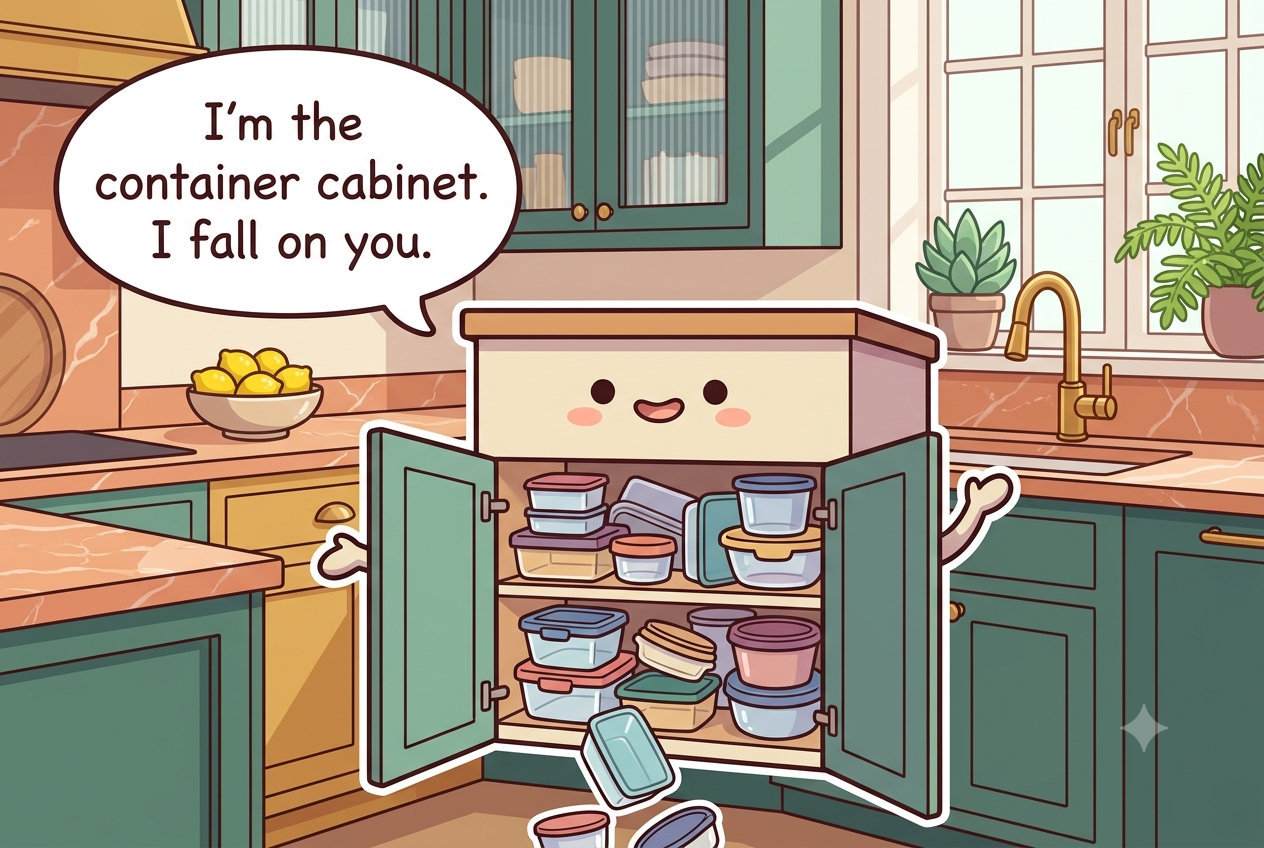 Chibi food container cabinet character with mismatched tubs and lids tumbling out of its open door