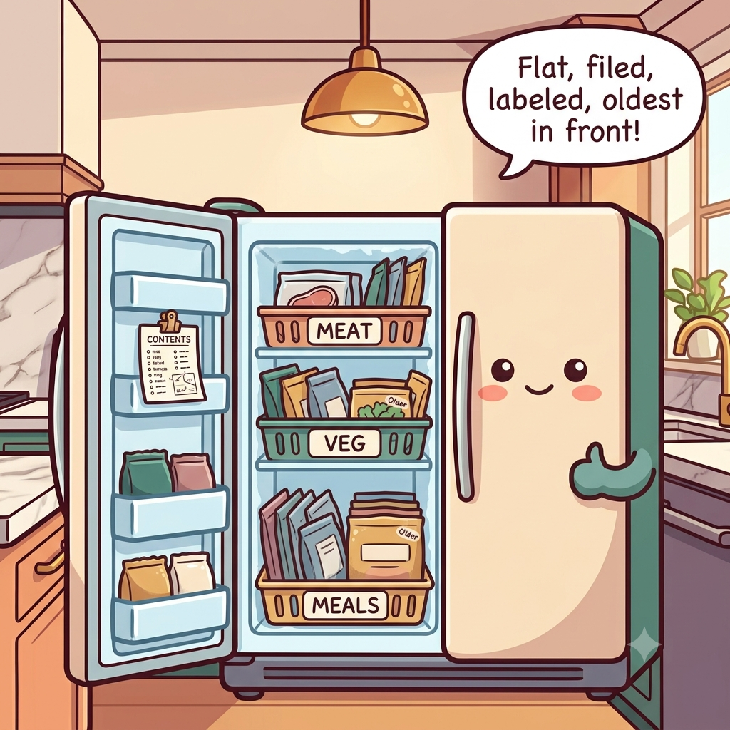 The freezer character content, flat-frozen bags standing upright in labeled bins by category with the oldest at the front