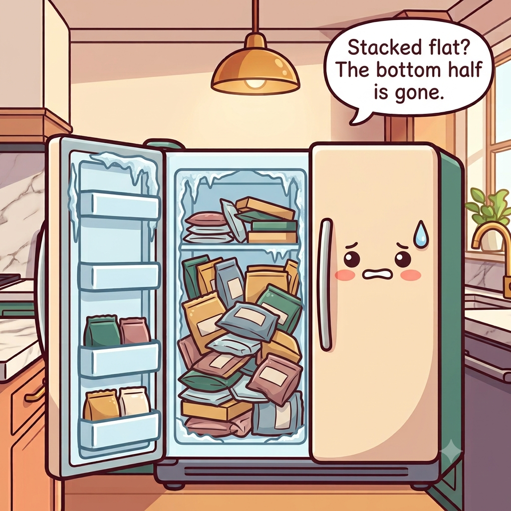 The freezer character strained, packed solid with unlabeled frosty bricks, the door not quite closing, ice building on the walls