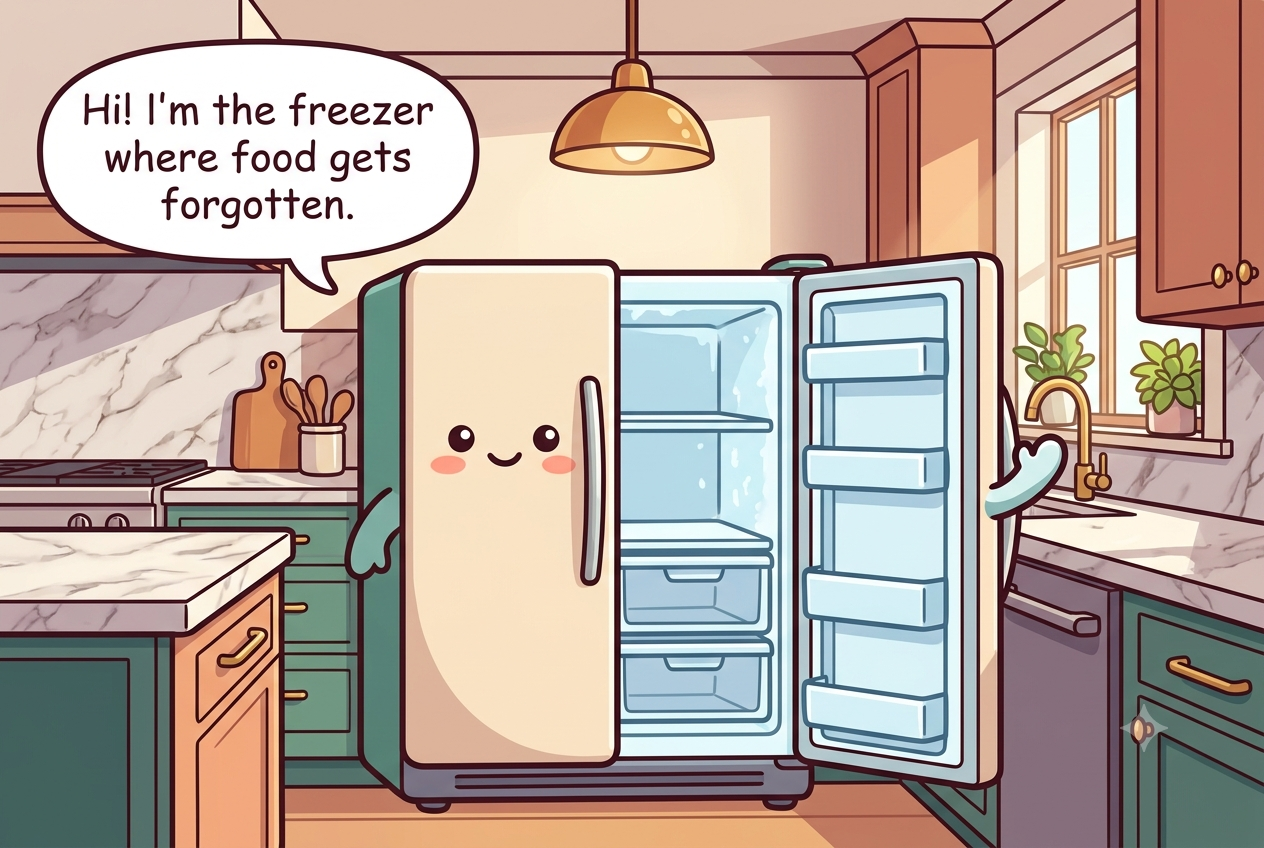 Chibi upright freezer character with a frosty pale-blue interior, drawers and shelves, a chilly friendly face