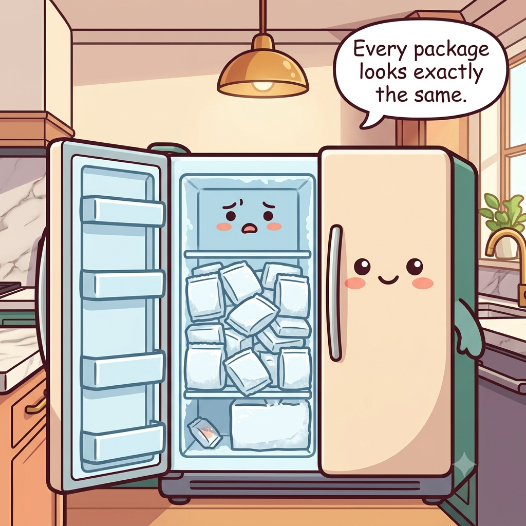 The freezer character opening to show identical frost-covered packages stacked in an unsearchable heap