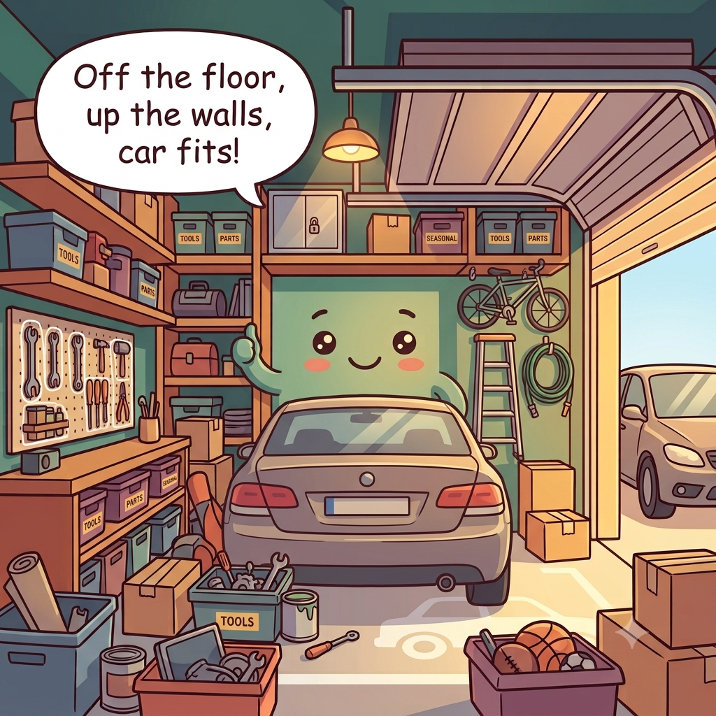 The garage character pleased, walls lined with labeled bins on shelving, bikes and tools on hooks, a clear car space and walkway
