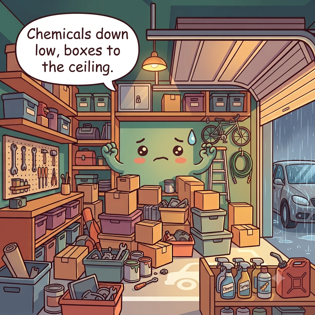 The garage character strained, floor-to-ceiling boxes on the floor, chemicals on a low shelf, the car stuck outside in the rain