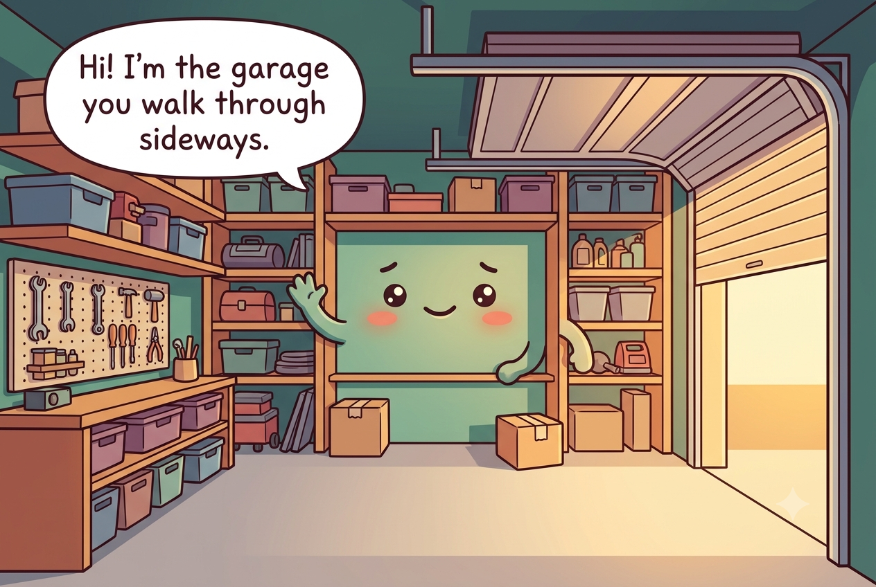 Chibi garage character, a big open room with wall shelving and a door, a friendly slightly overwhelmed face, boxes on the floor