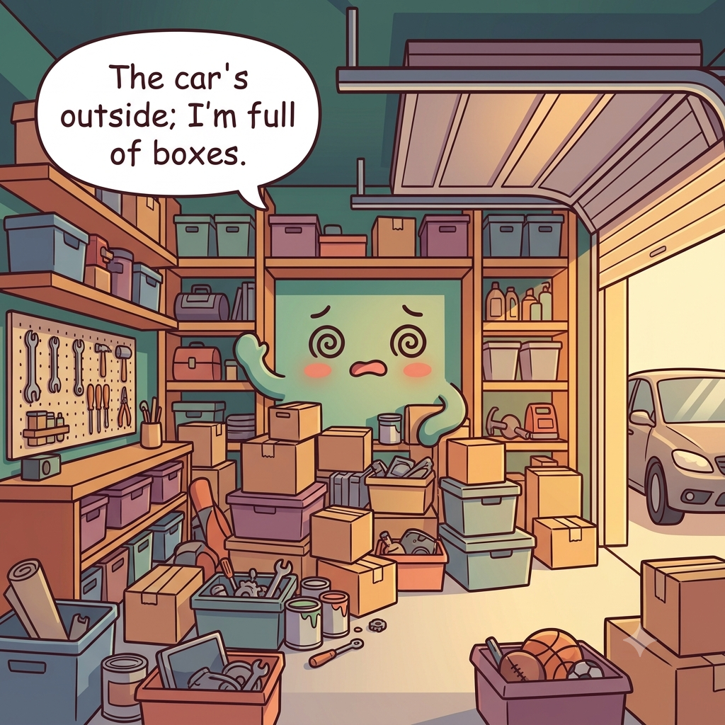 The garage character overwhelmed, floor packed with stacked boxes and equipment leaving only a narrow sideways path