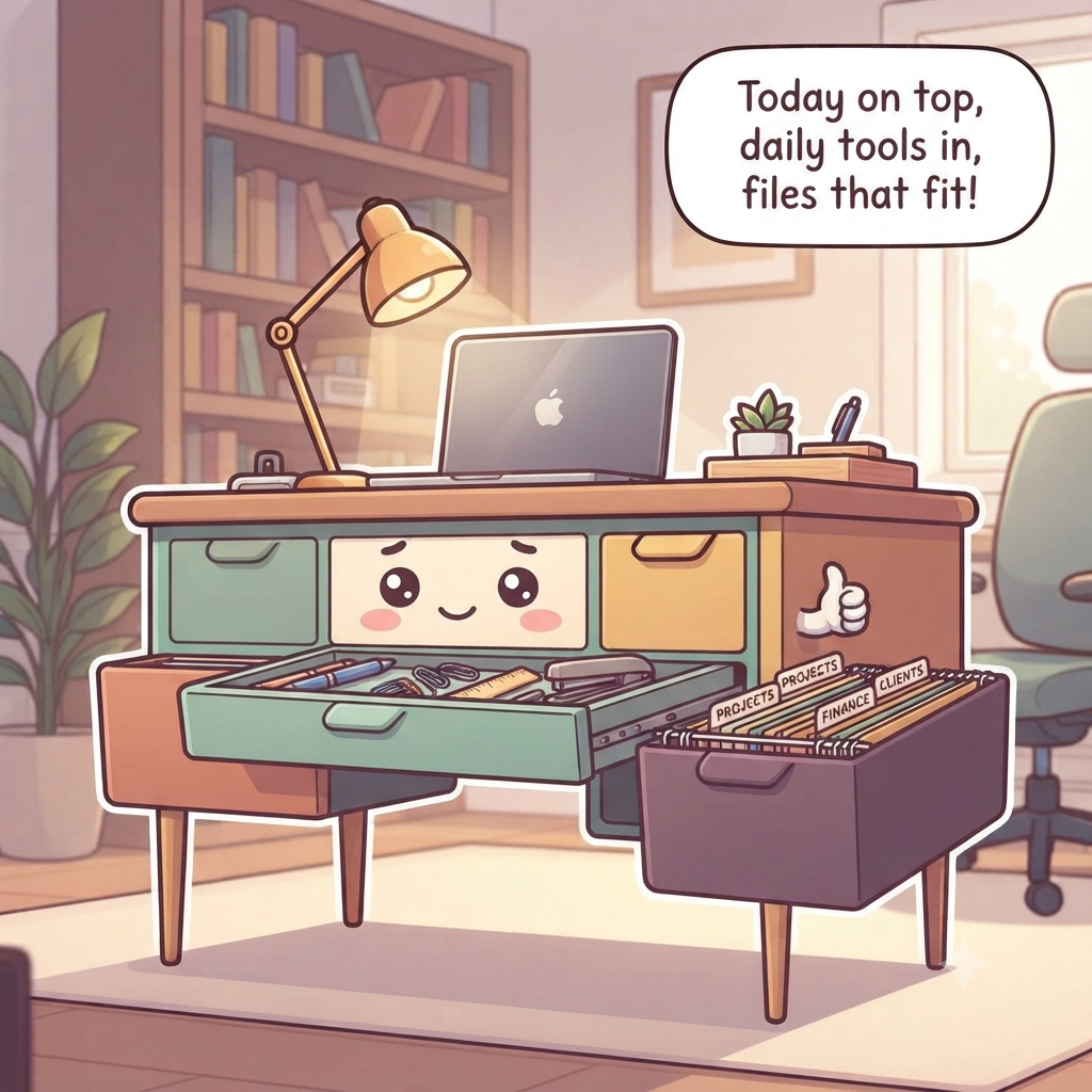 The desk character content, clear surface with one tray, shallow drawer divided for daily tools, deep drawer of labeled hanging files, cables bundled