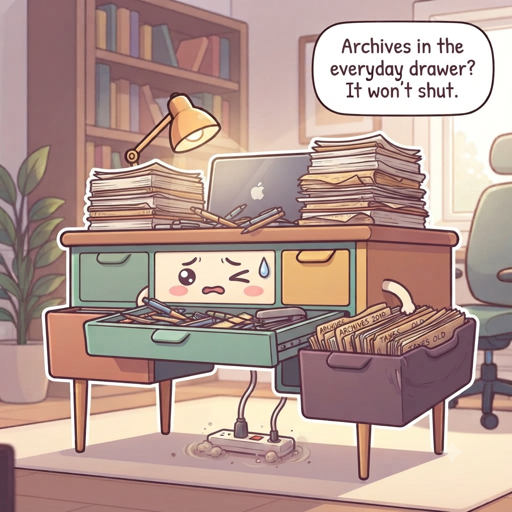 The desk character strained, surface covered in stacked paper, deep drawer jammed with old files, power strip in a dust ball on the floor