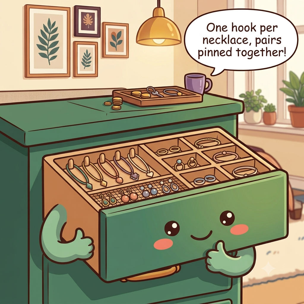The jewelry drawer character pleased, necklaces on individual hooks, earrings pinned in pairs, rings and bracelets in divided sections