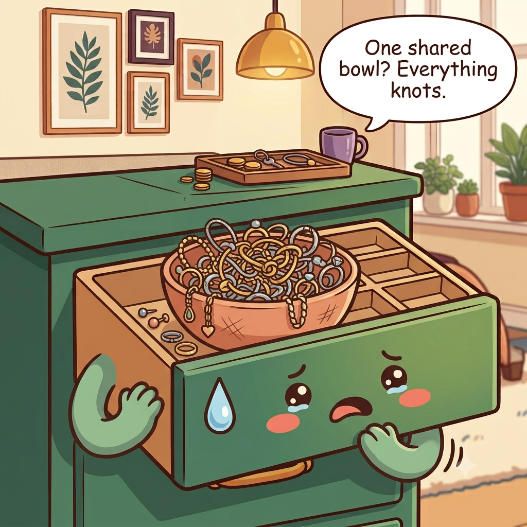 The jewelry drawer character wincing at a bowl of knotted chains, loose single earrings and rings scratching together