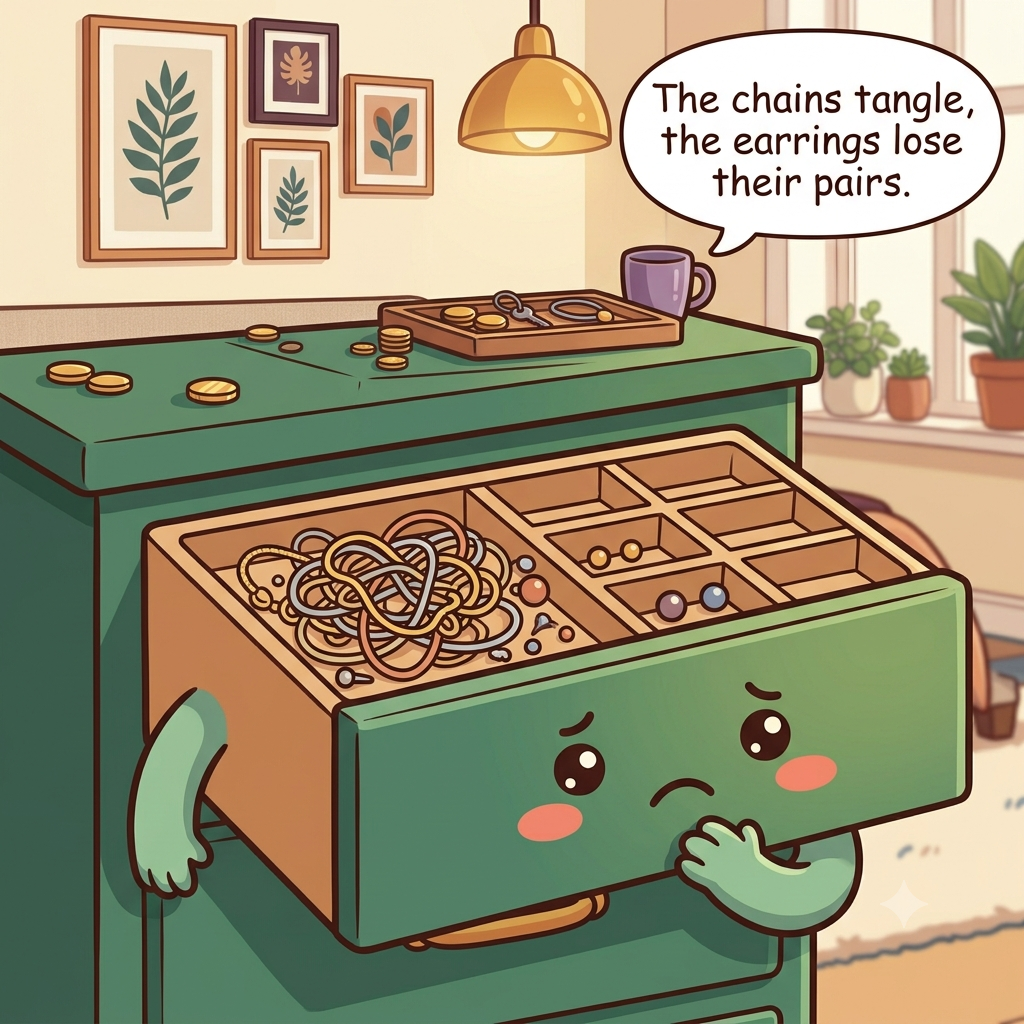 The jewelry drawer character showing a tangled knot of necklace chains and a scatter of unpaired earrings