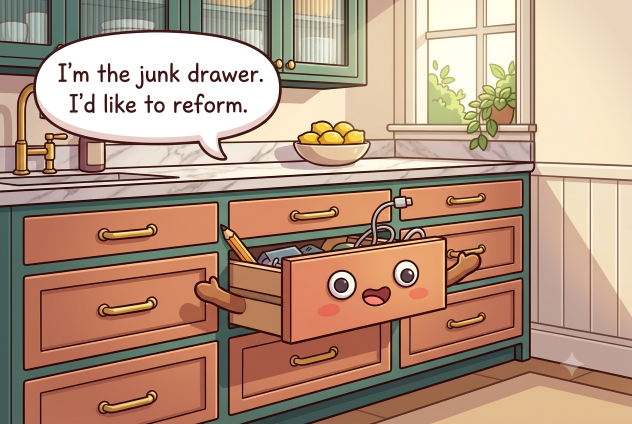 Chibi open-drawer character with googly eyes, a cheeky grin, a pencil behind its ear and a tangled cable like messy hair