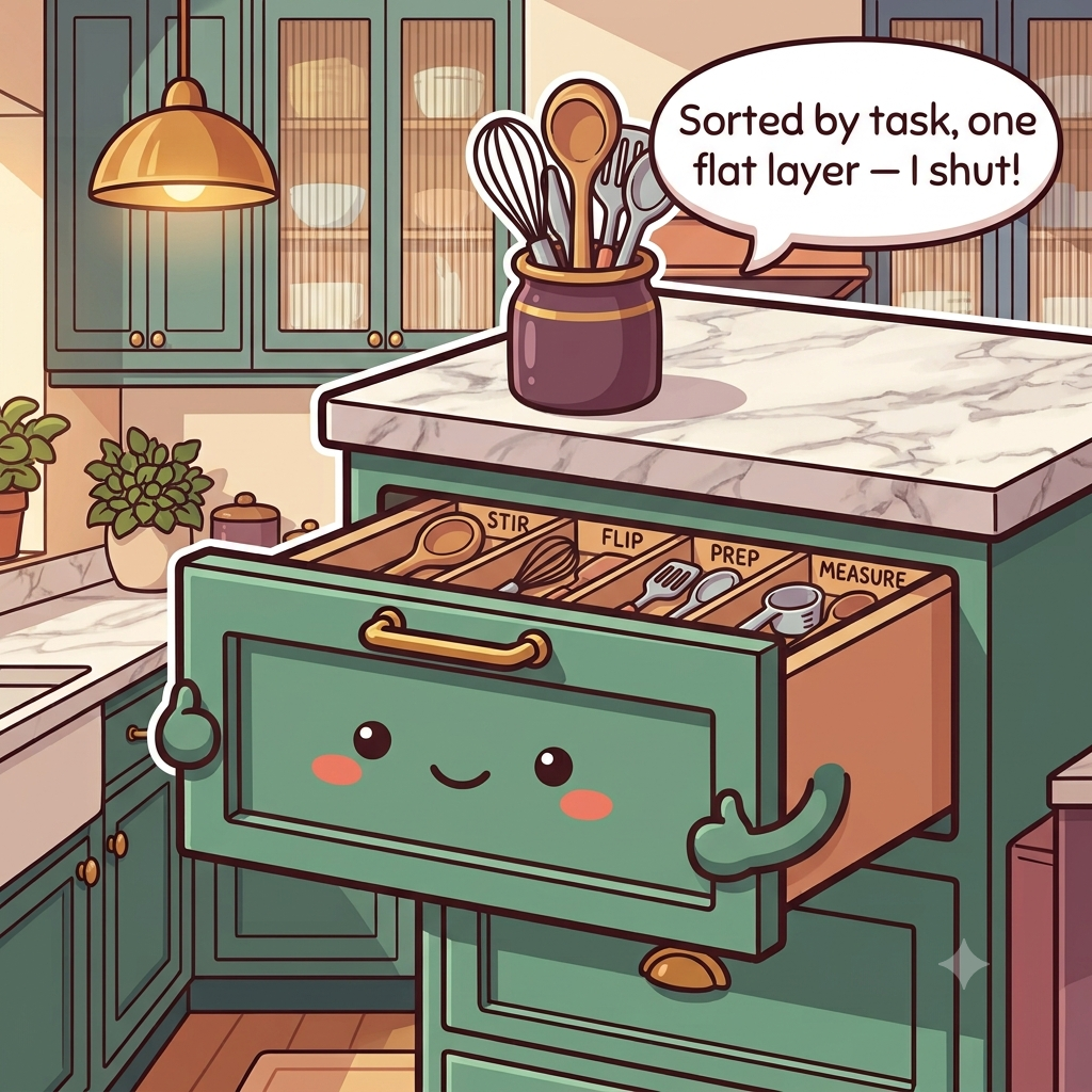 The utensil drawer character closing smoothly, tools sorted flat into divided sections by task with a tidy single layer