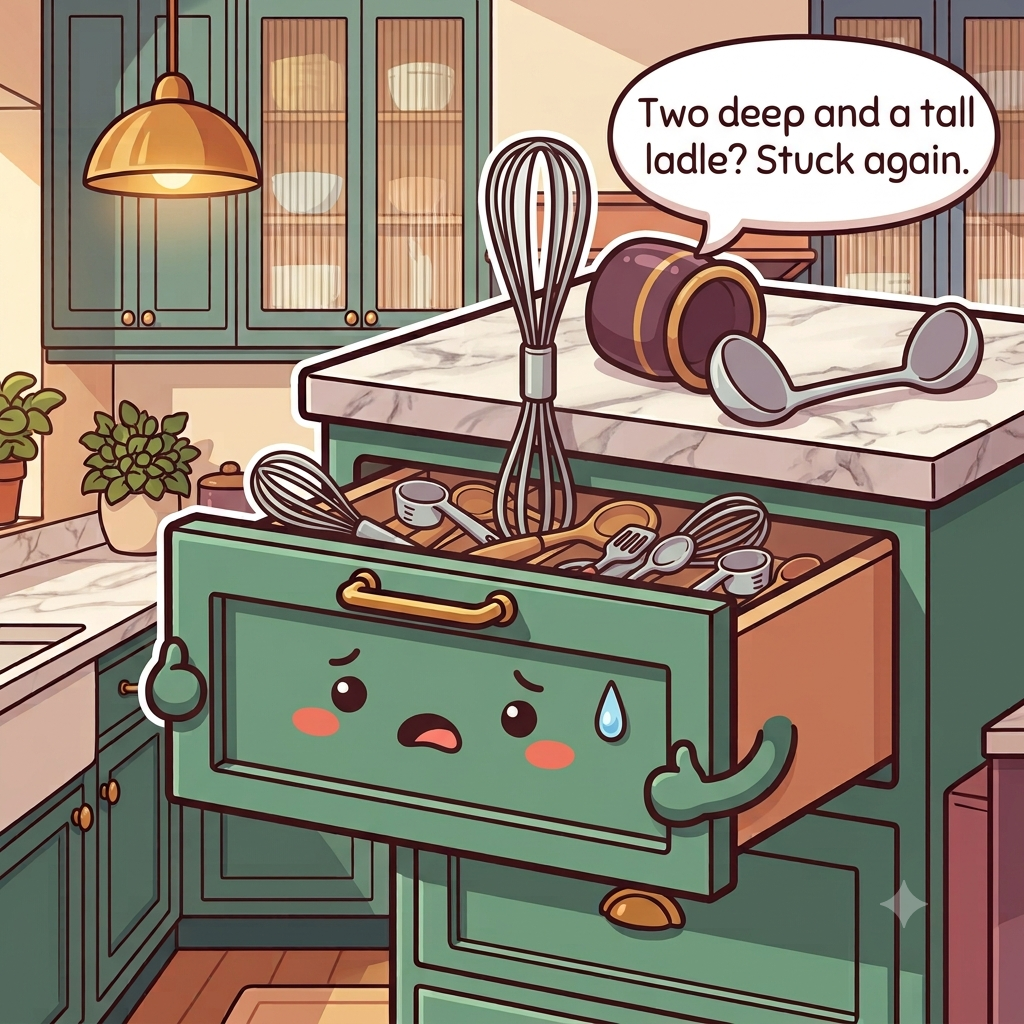 The utensil drawer character flustered, tools piled two deep in a tangle with duplicates and a tall whisk jamming it open again