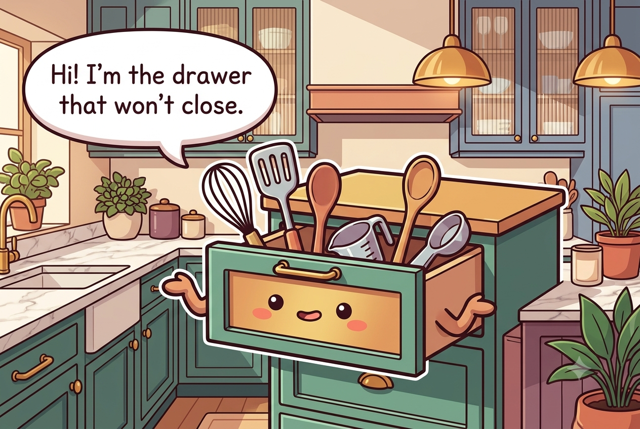 Chibi kitchen drawer character pulled open, cooking tools poking up at angles, a slightly stuck expression