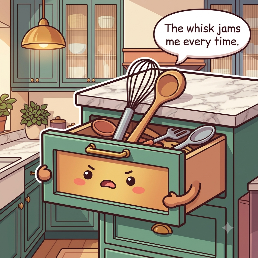 The utensil drawer character stuck half-open with a whisk and a ladle wedged upward against the counter above