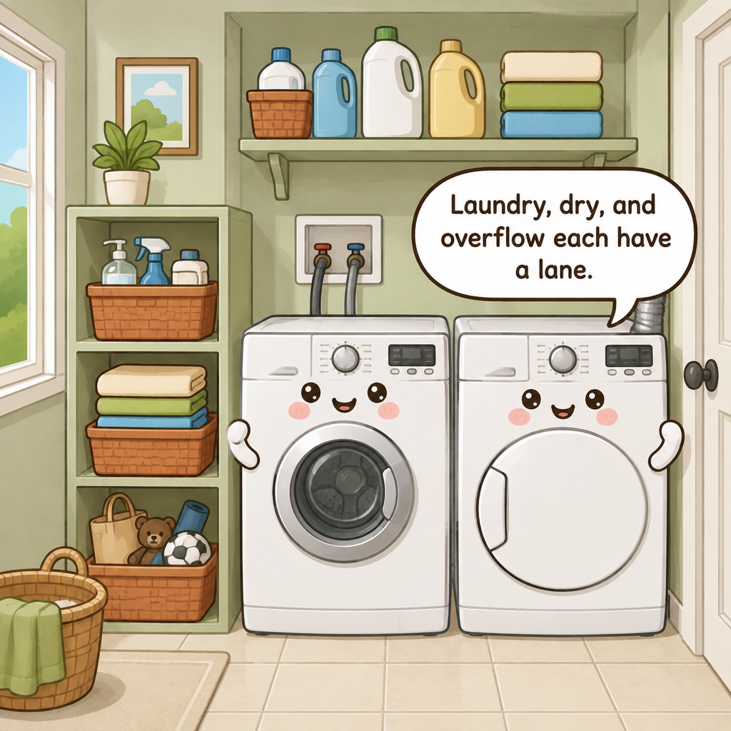 The laundry room character smiles beside clearly separated wash, dry, and overflow zones with secured detergent storage and a clear floor
