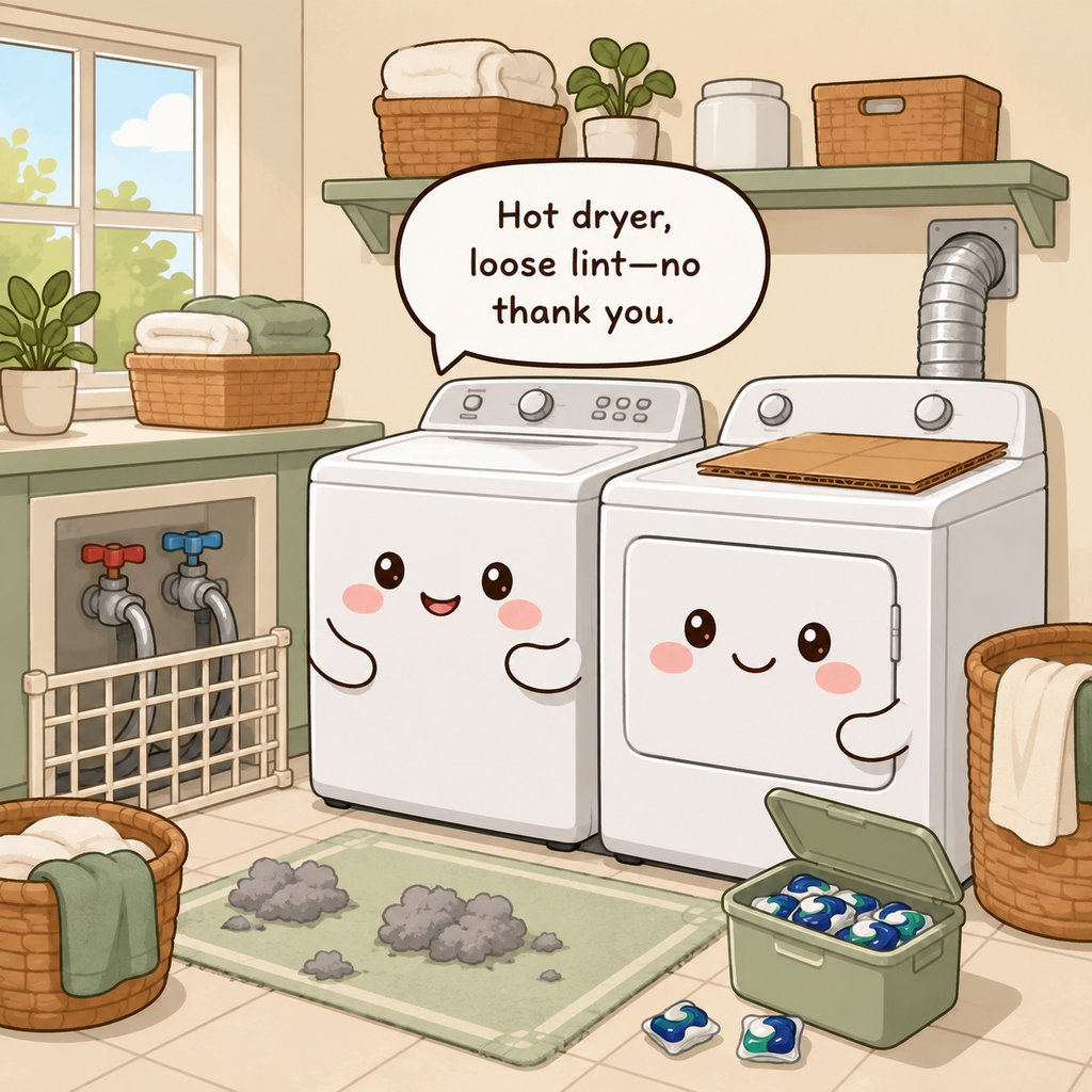 The laundry room character looks stressed by detergent within child reach, lint piles, boxes on a hot dryer, and blocked water valves