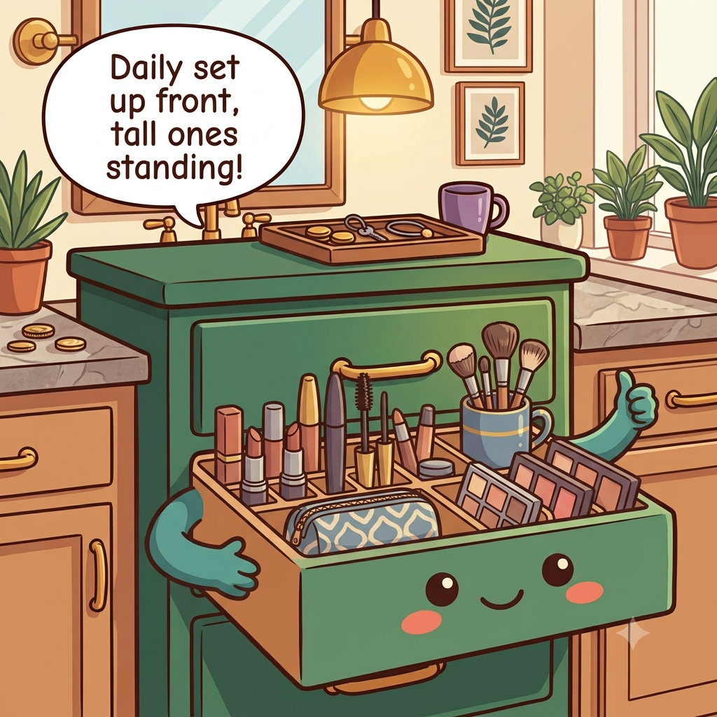 The makeup drawer character pleased, tall products upright in sections, palettes on edge, a separate brush cup, a small daily bag