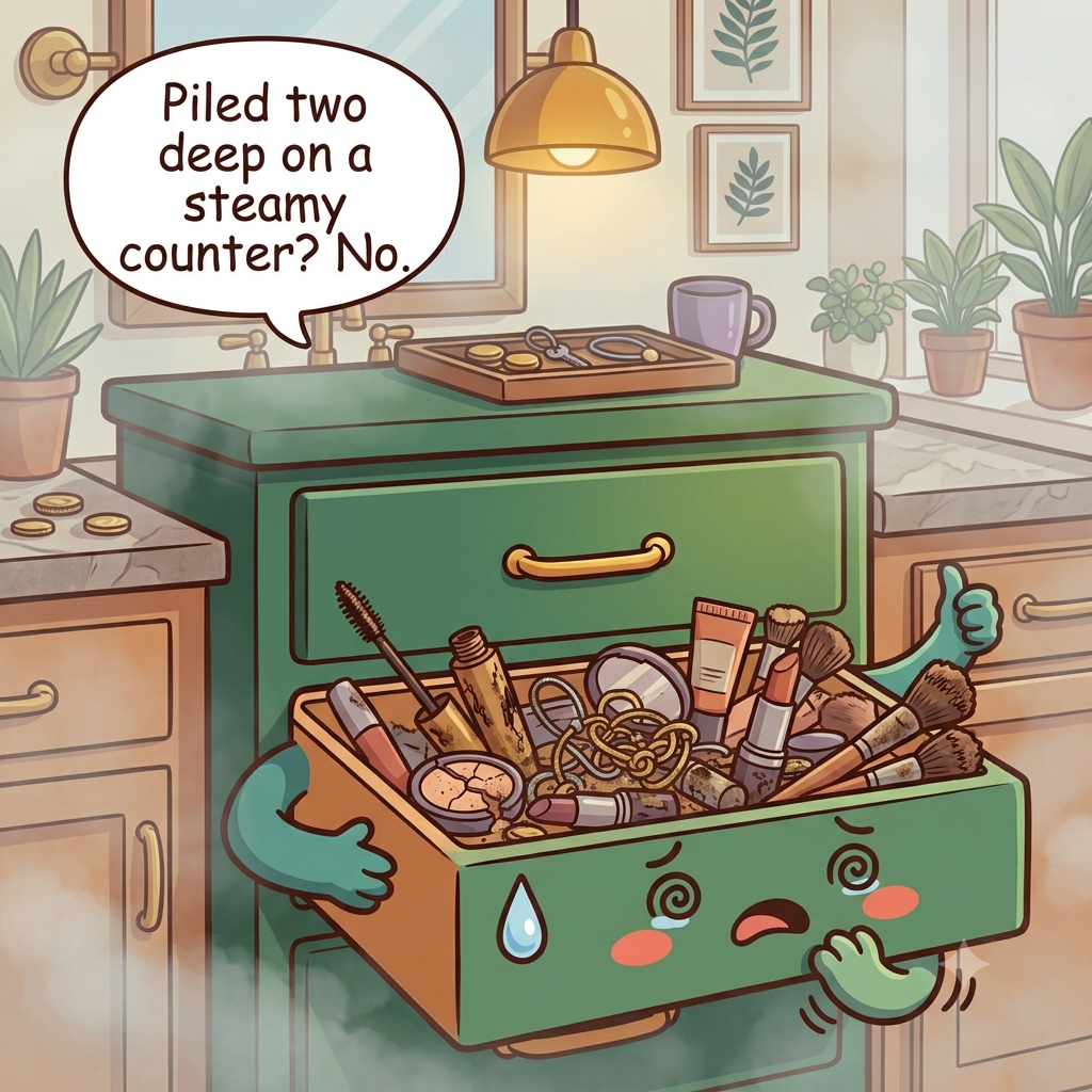 The makeup drawer character overwhelmed by piled two-deep products, dried-out mascaras, dirty brushes mixed in, on a steamy counter