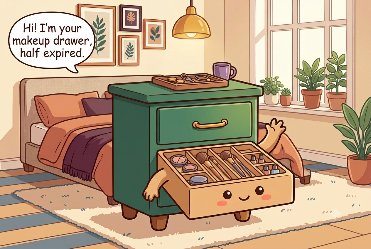 Chibi makeup drawer character, shallow and divided, holding a few brushes and compacts, a bright friendly face