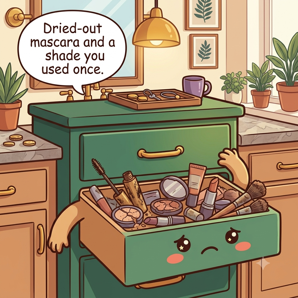 The makeup drawer character showing a jumble of products, several dried-out, tubes and compacts mixed with loose brushes