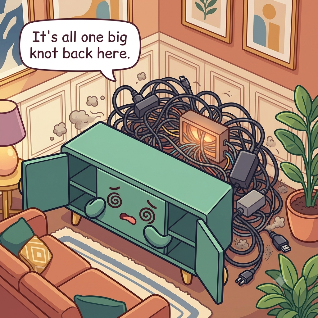The media console character tips forward to reveal a dense knot of black cables, power bricks and a warm cable box behind it
