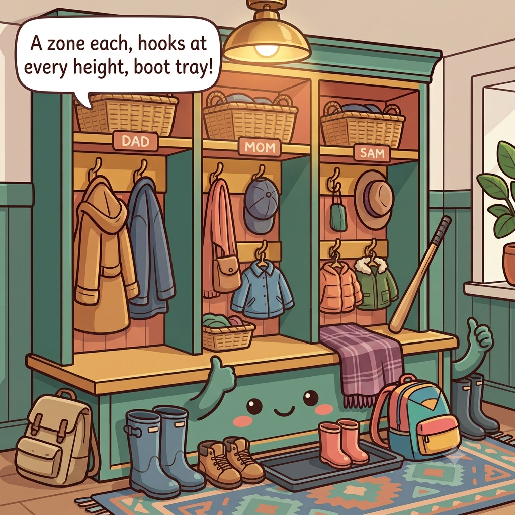 The mudroom character tidy, one labeled zone per person with hooks at two heights, baskets, a boot tray and a clear bench