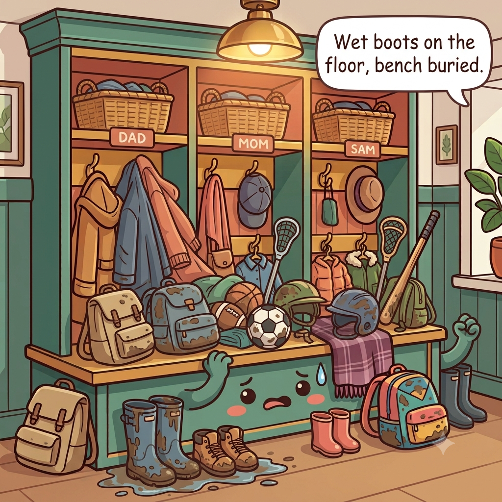 The mudroom character strained, coats crammed on too-few high hooks, wet boots on bare floor, bench buried, gear everywhere