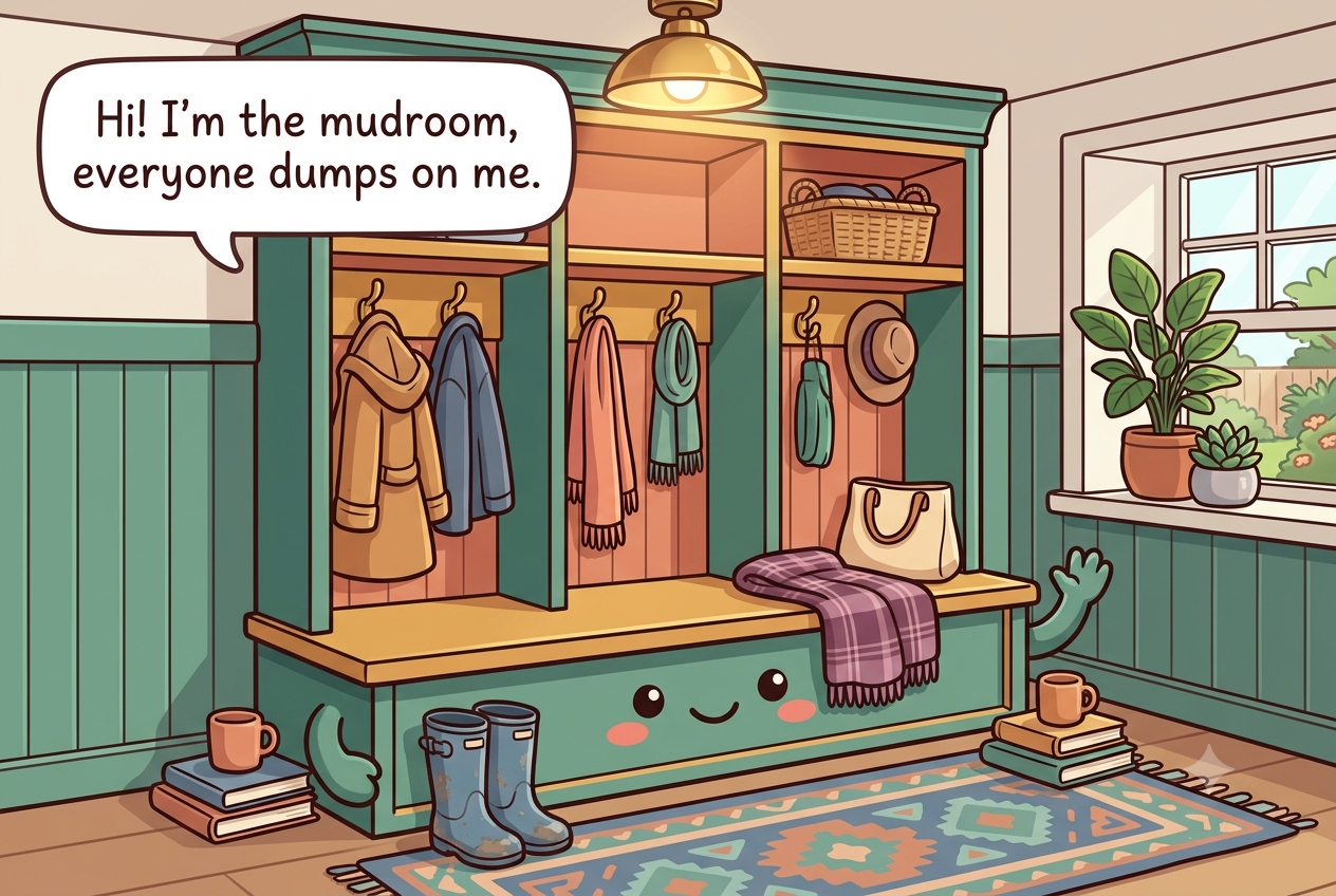 Chibi mudroom character with a bench, hooks, and cubbies, a sturdy cheerful face, boots and bags piled around