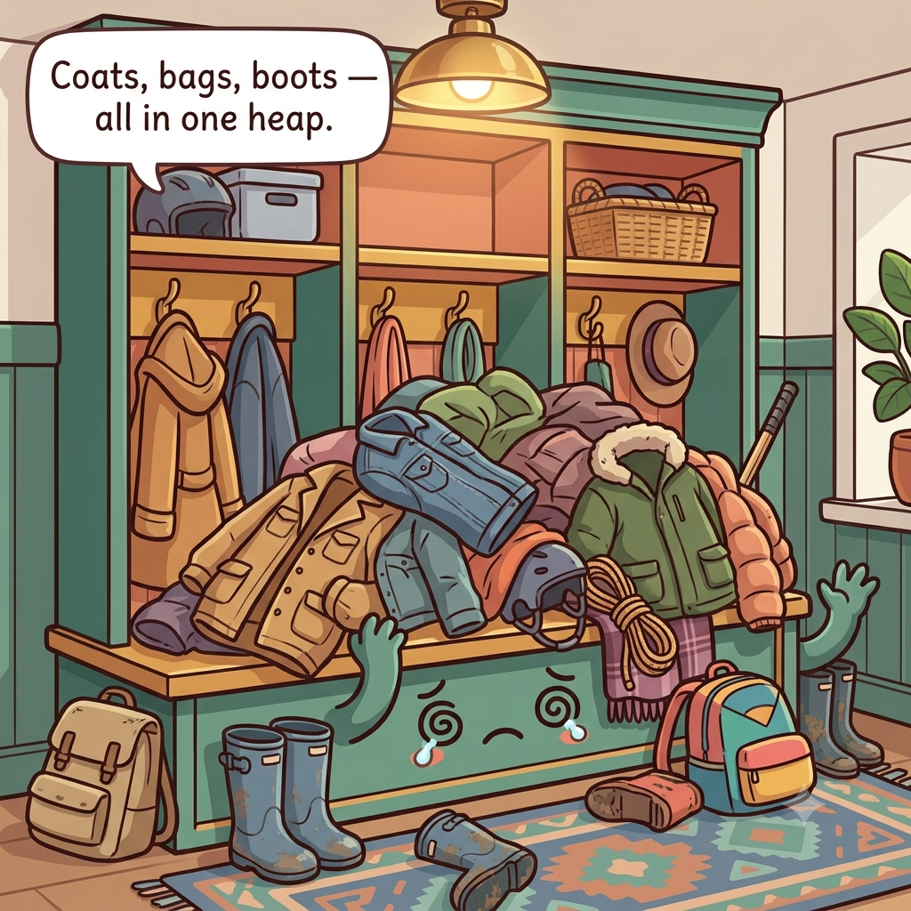 The mudroom character overwhelmed by a heap of coats, backpacks, muddy boots and sports gear all landing in one spot
