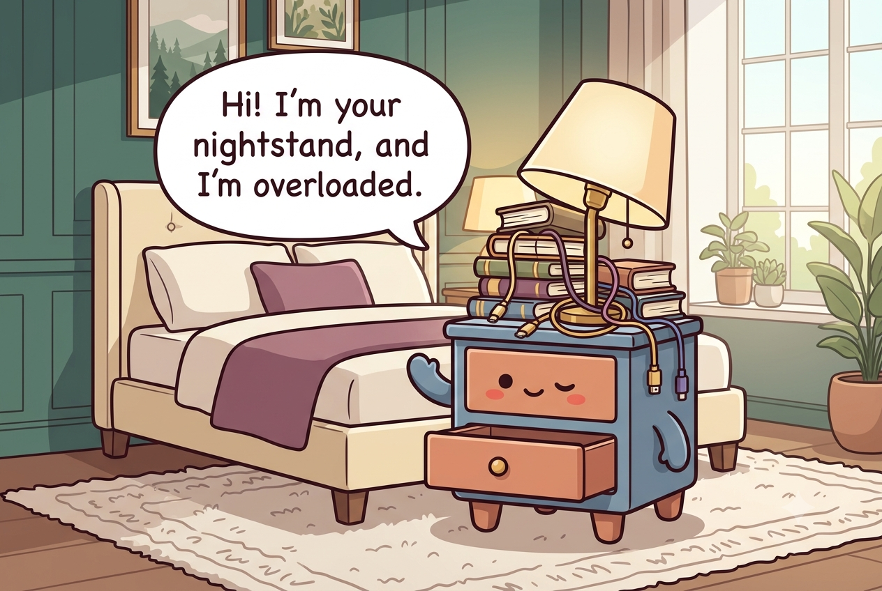 Chibi bedside nightstand character with a small drawer for a mouth and a lamp tilted like a hat, looking sleepy and kind