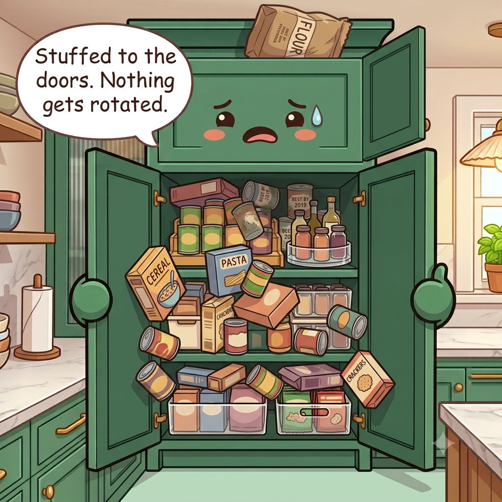 The pantry cabinet character overwhelmed, shelves stuffed front to back with toppling boxes, expired cans lost at the rear, a heavy bag up high