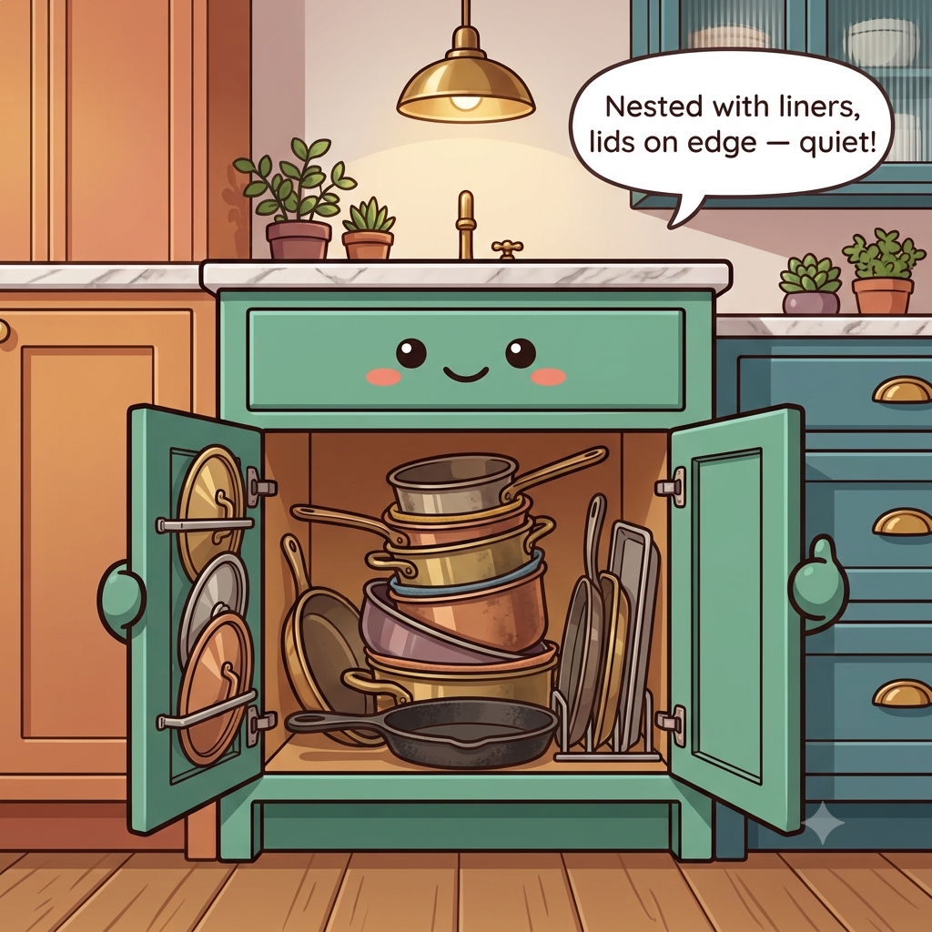 The base cabinet character pleased, saucepans nested with liners, flat pans standing in a divider, lids in a door rack