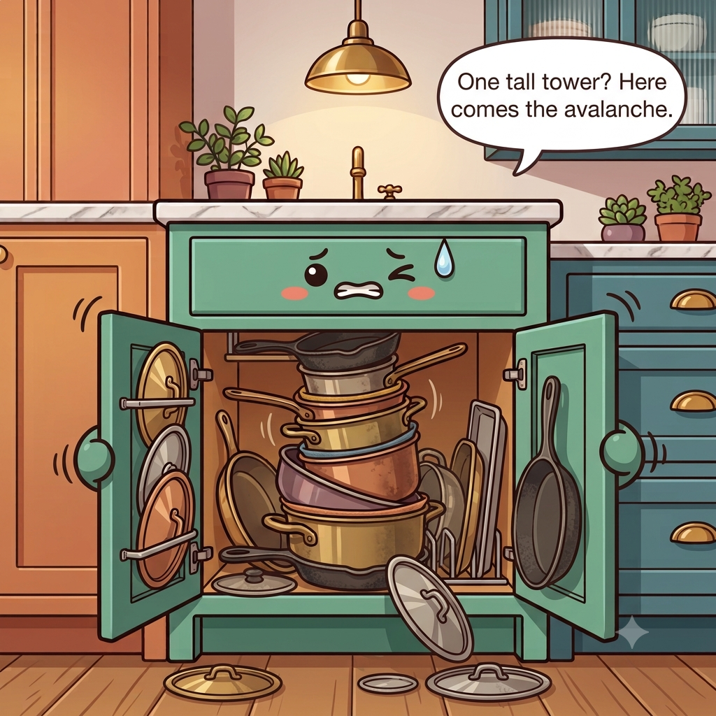 The base cabinet character wincing, one tall unstable stack of mismatched pans toppling, loose lids everywhere, cast iron up high
