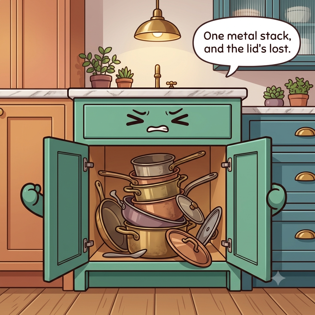 The base cabinet character tips open to show pots and pans jammed together in one leaning metal stack with lids sliding loose