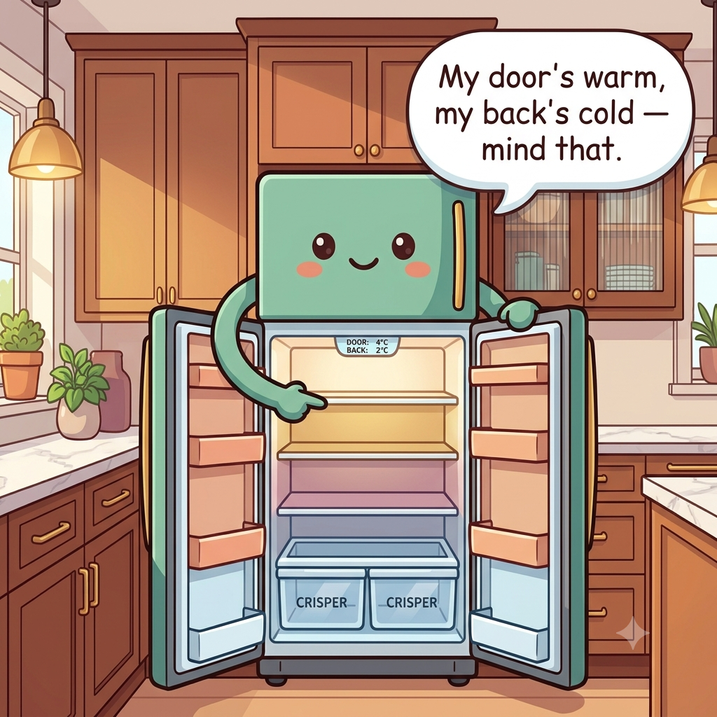 The refrigerator character showing its warmer door bins, colder back shelves, and two crisper drawers at the bottom