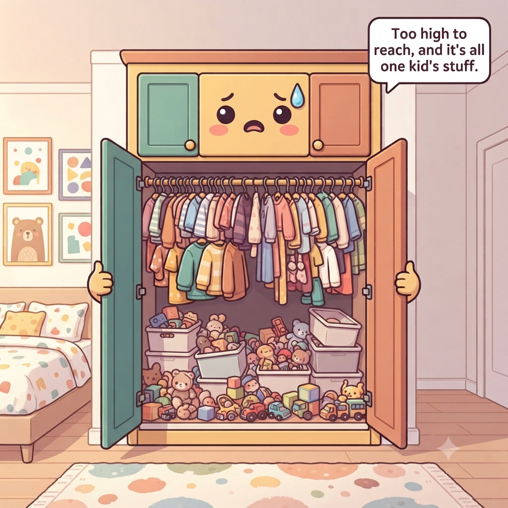 The kids' closet character overwhelmed, one child's clothes taking over, a high unreachable rod, unlabeled bins and toys covering the floor