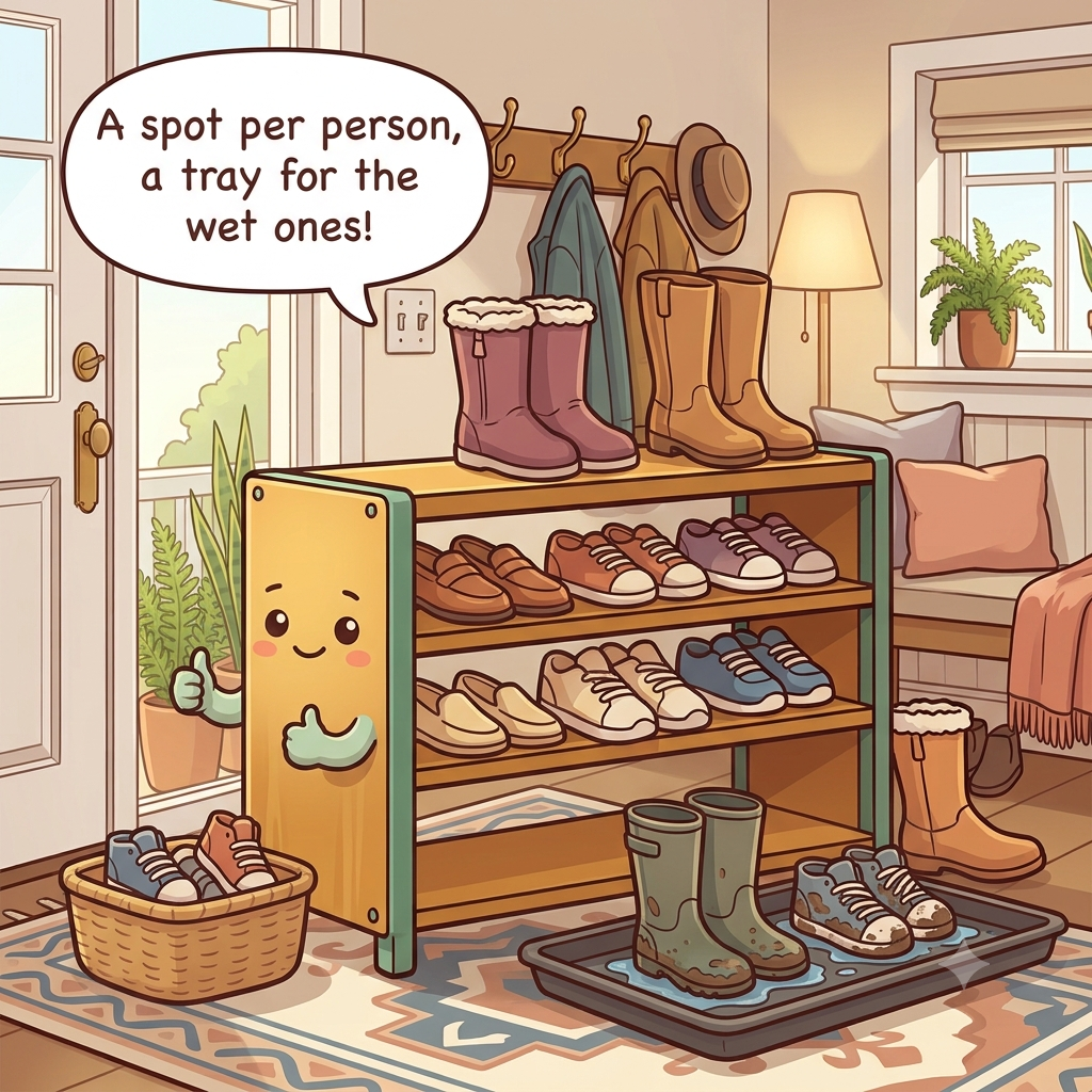 The shoe rack character tidy, a boot tray for wet shoes, tall boots upright, everyday pairs at reach, kids' shoes low