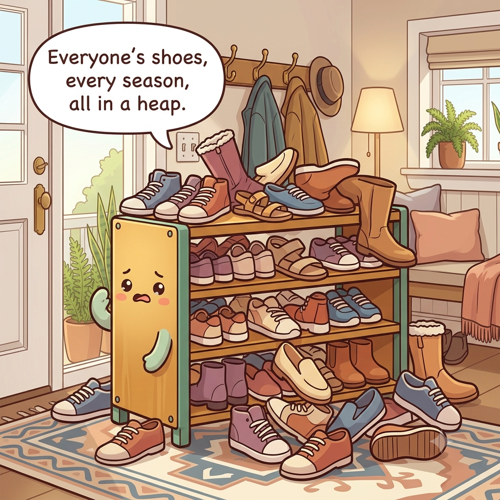 The shoe rack character showing shoes piled and tumbling, a broken pair and single shoes in the heap