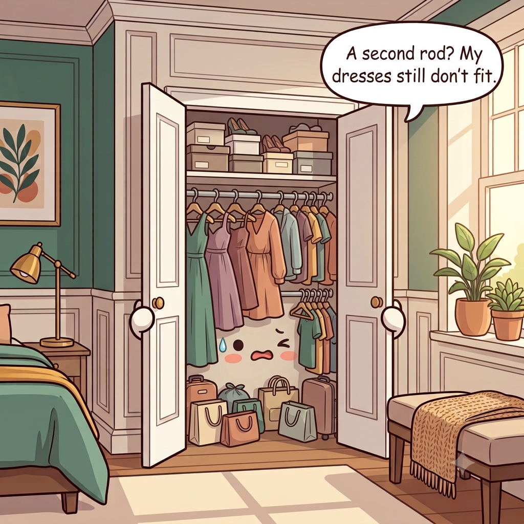 The closet character wincing at a jammed-in second rod, bulky hangers and shoe boxes stacked above head height