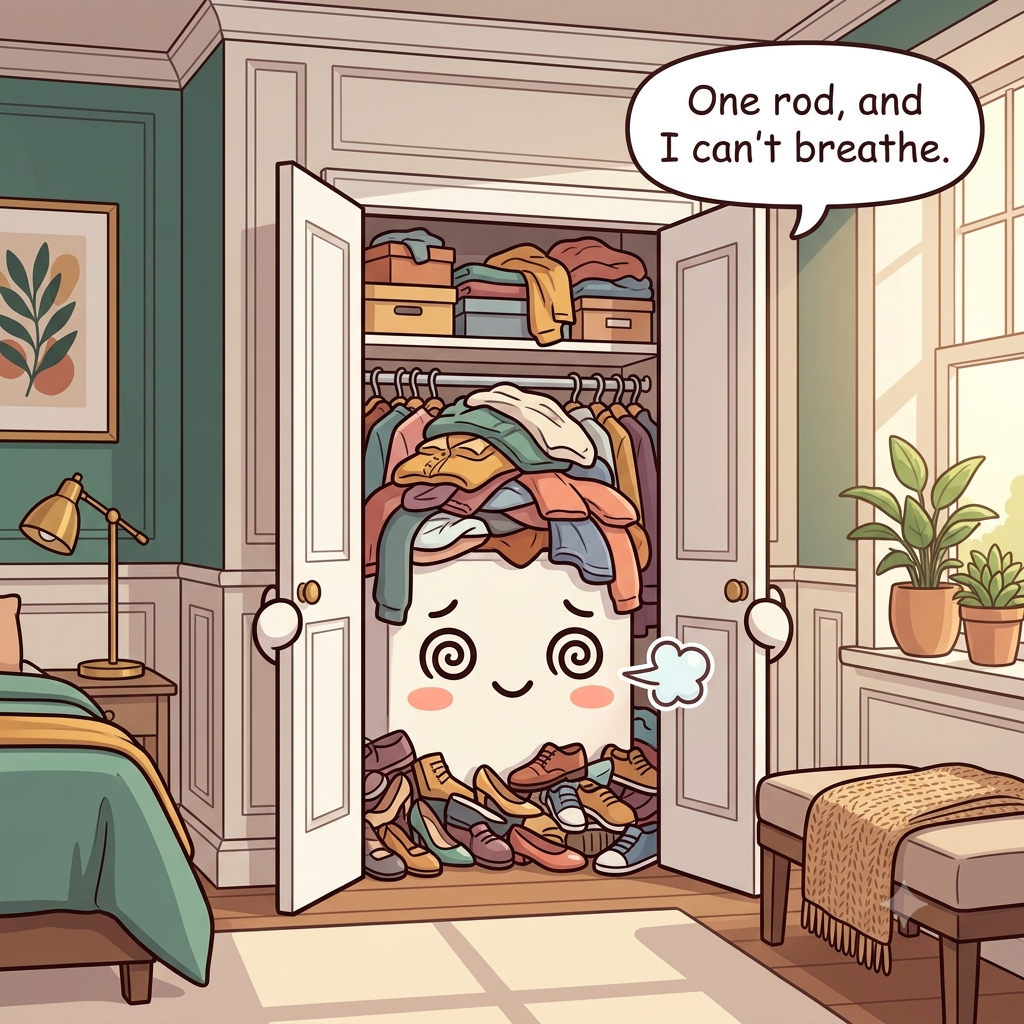 The closet character crammed full — one overstuffed rod, an overflowing shelf and shoes piled on the floor