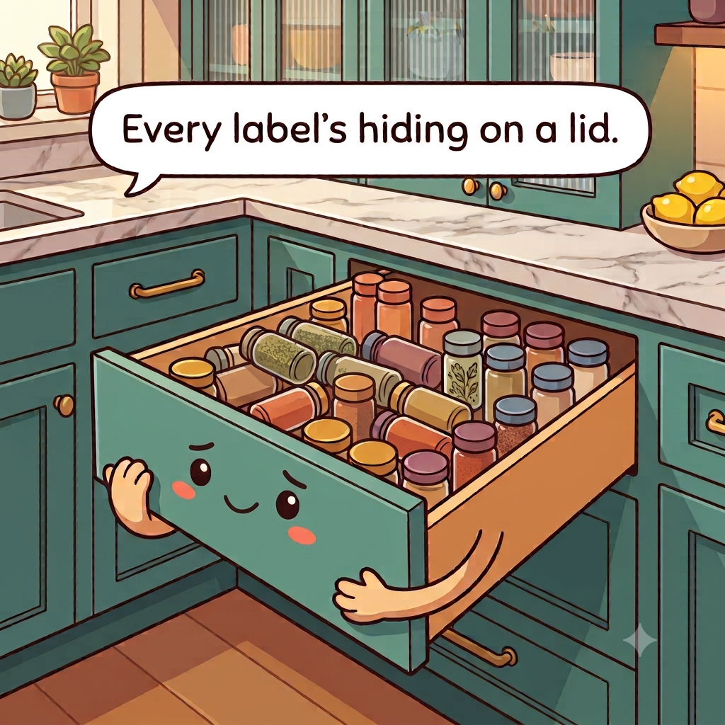 The spice drawer character pulled open to show jars crammed in every direction with the labels hidden on lids and sides