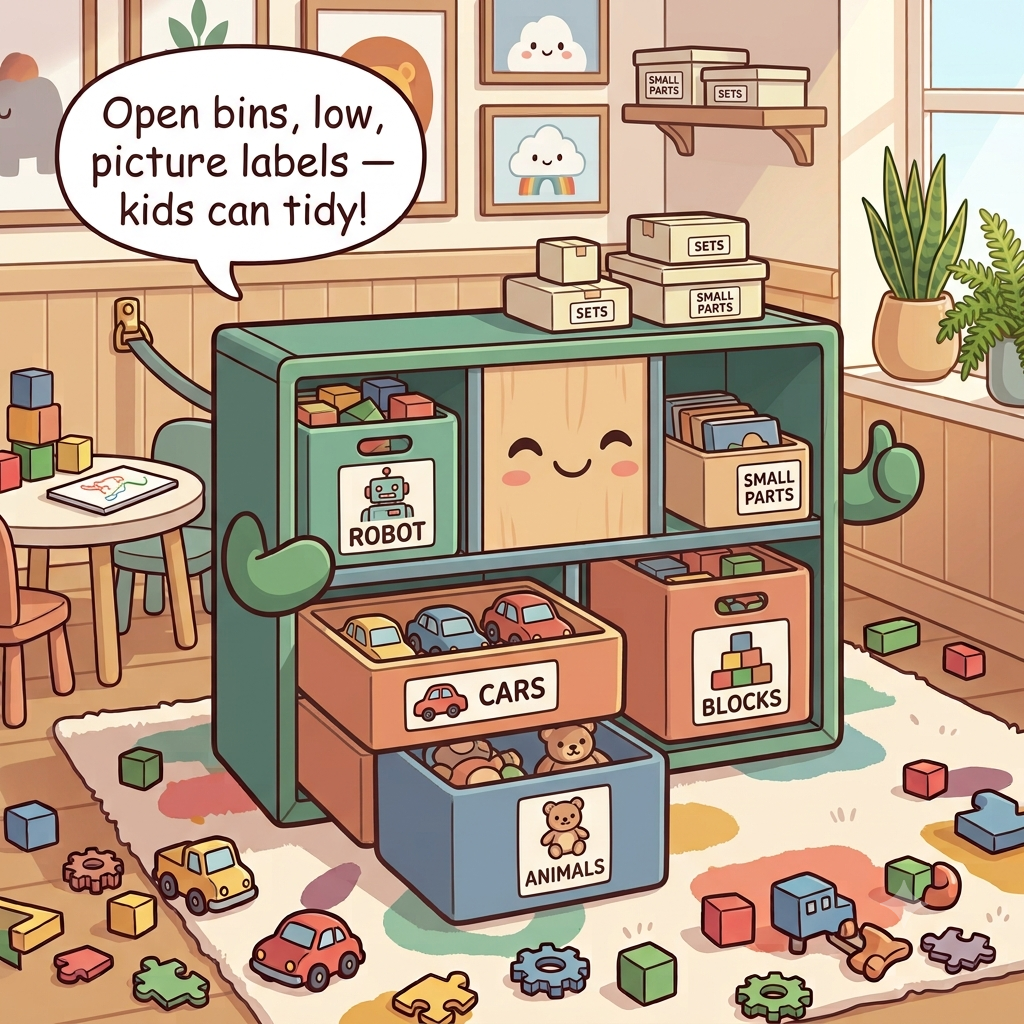 The toy storage character cheerful, open labeled bins by category on a low shelf, small-piece sets in closed boxes up high