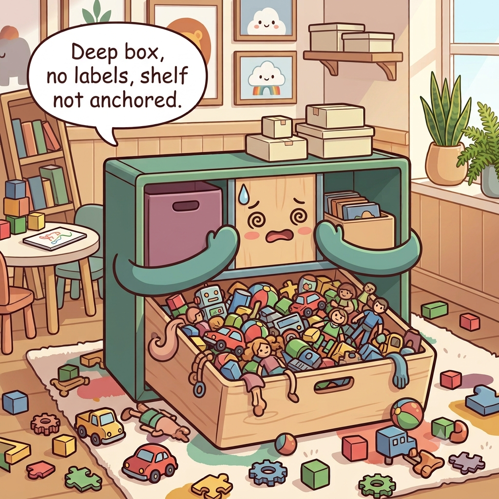 The toy storage character overwhelmed, a giant deep toy box overflowing, no labels, a tall un-anchored shelf, toys covering the floor