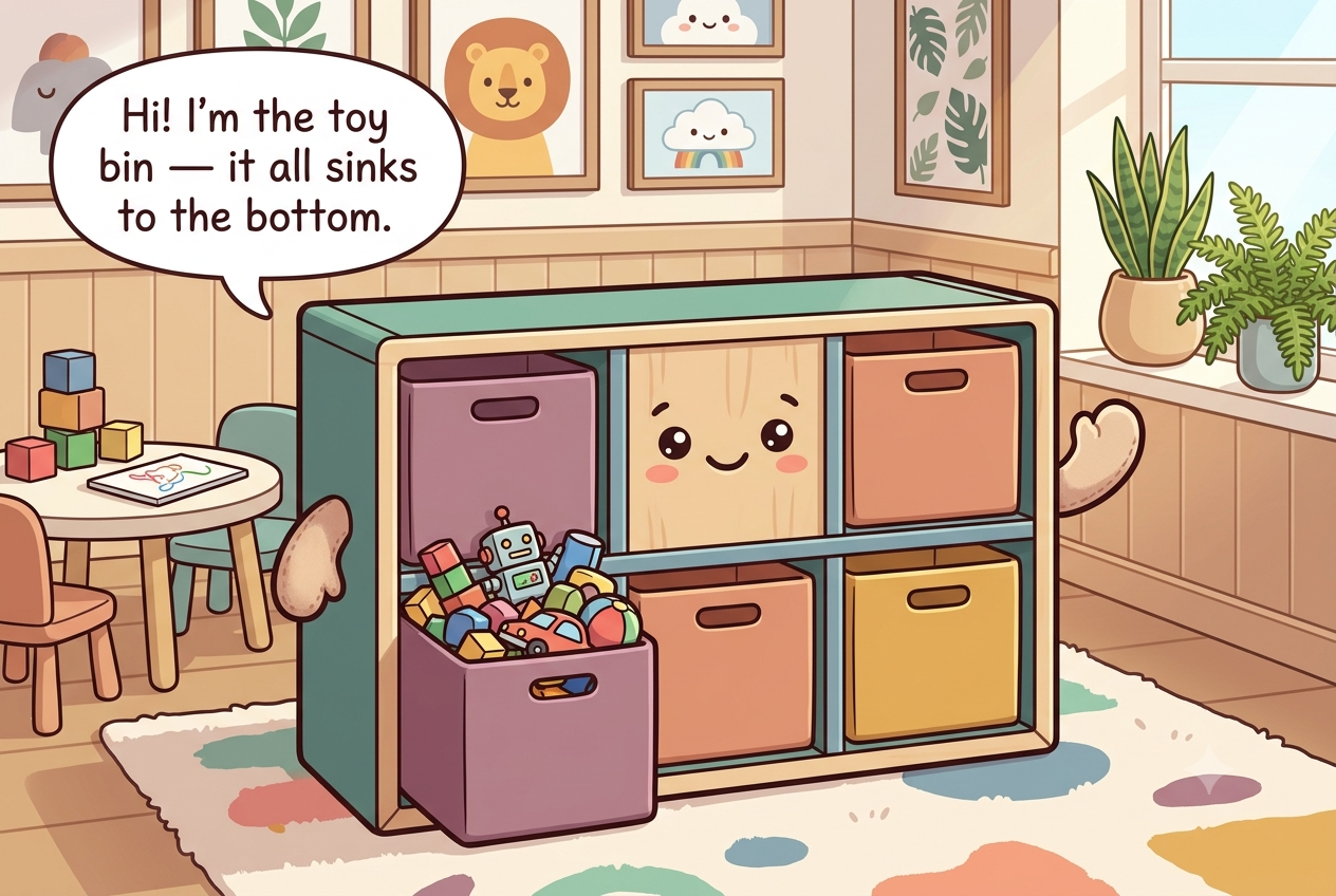 Chibi toy storage unit character with open cube bins, a playful friendly face, toys spilling from a too-deep box