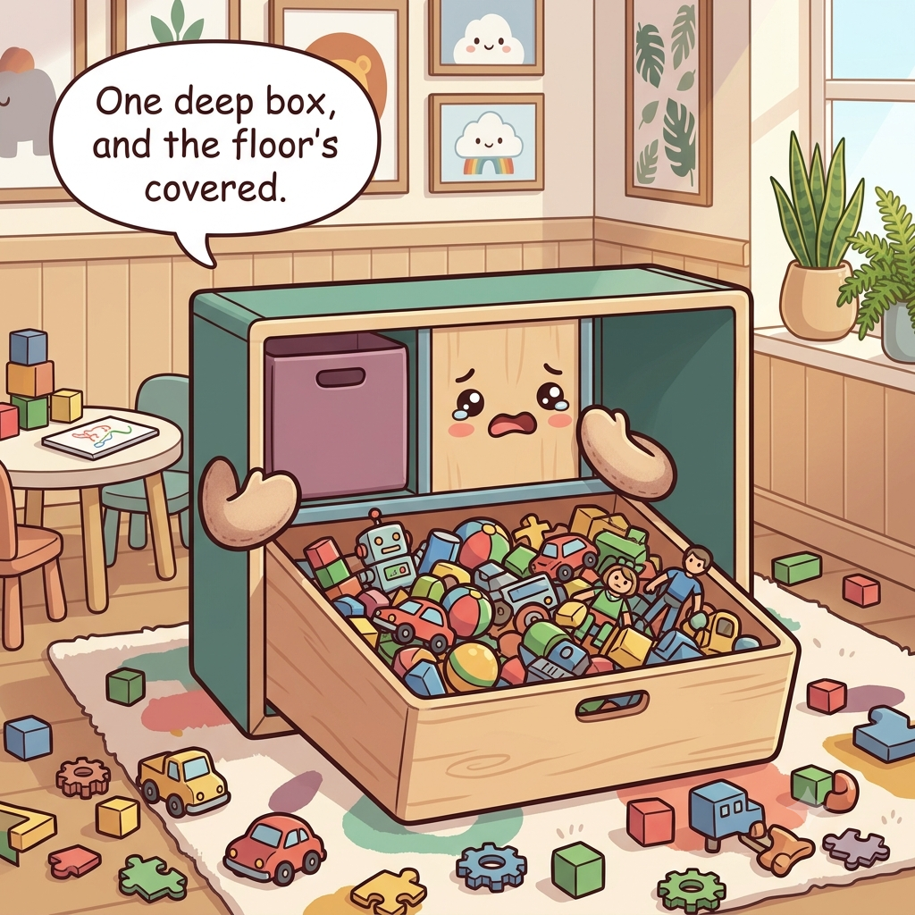 The toy storage character showing one deep box with toys jumbled to the bottom and pieces scattered on the floor