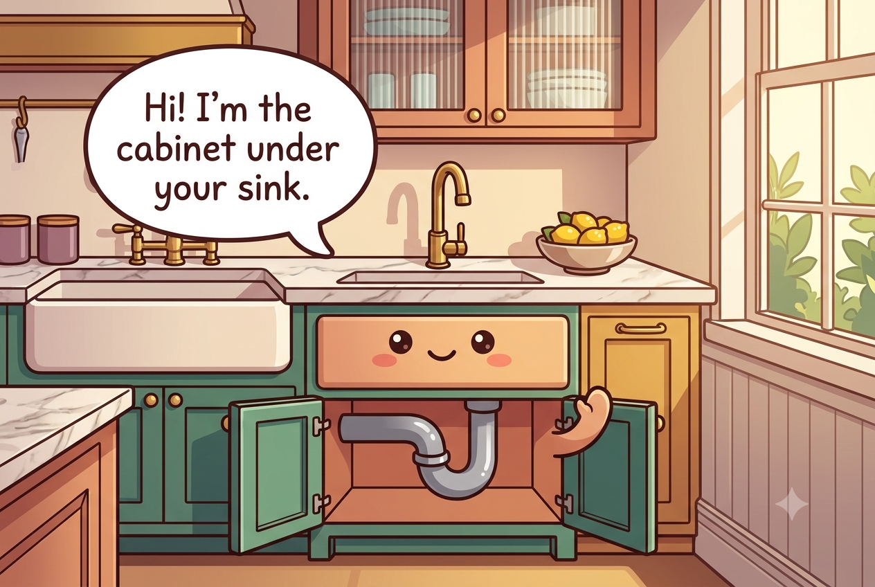 Chibi under-sink cabinet character with open doors and a U-bend pipe across its belly, waving hello