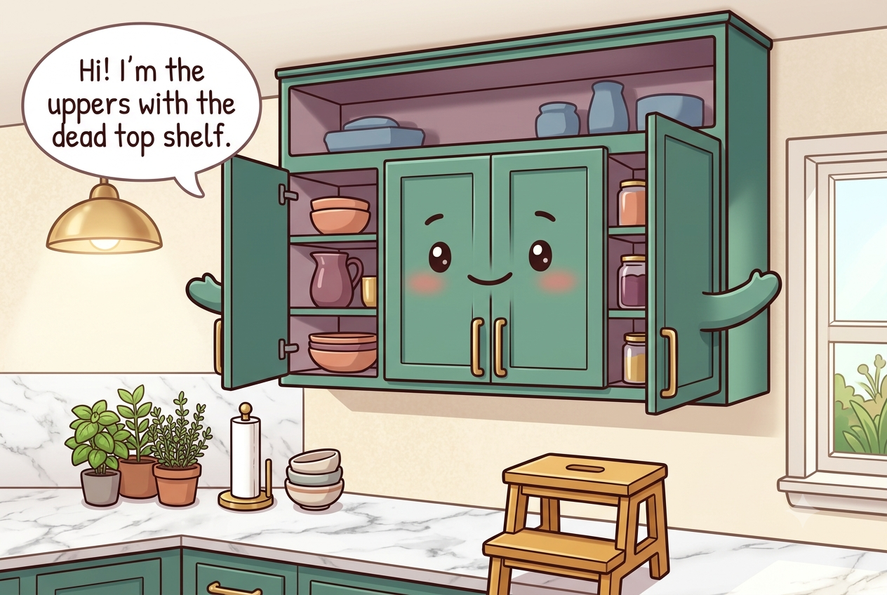 Chibi row of upper kitchen wall cabinets with open doors for arms, a tall friendly face, and a shadowed out-of-reach top shelf
